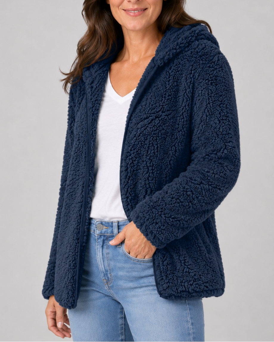Teddyfleece-Jacke mit Kapuze und Reißverschluss