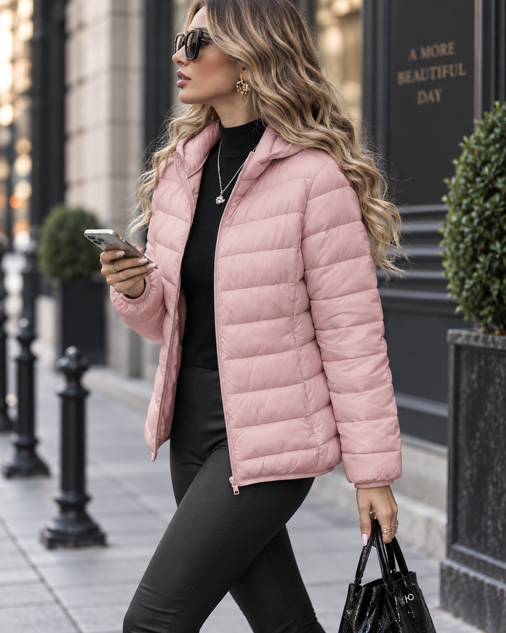 Gesteppte Steppjacke mit Kapuze und Reißverschluss vorne