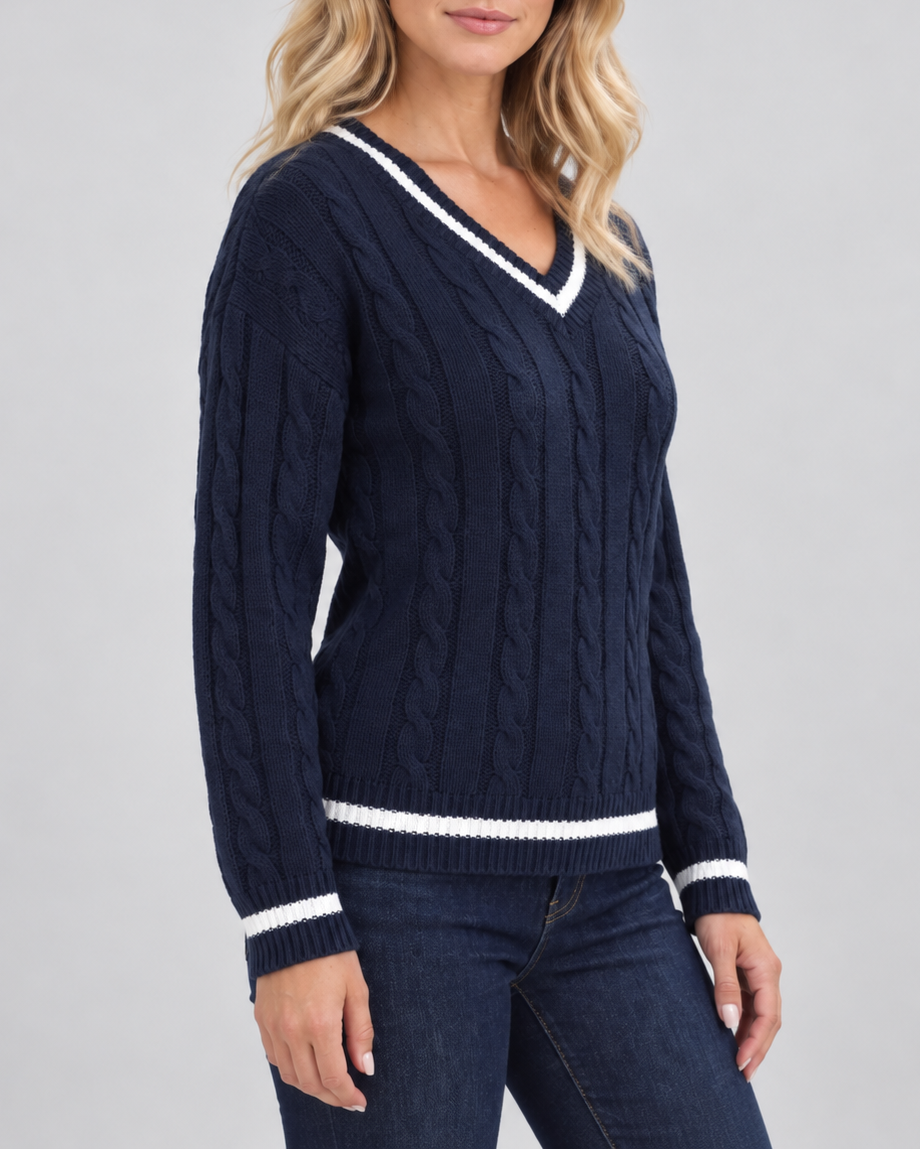 Zopfmuster-Pullover mit V-Ausschnitt und kontrastfarbenen Streifenblenden