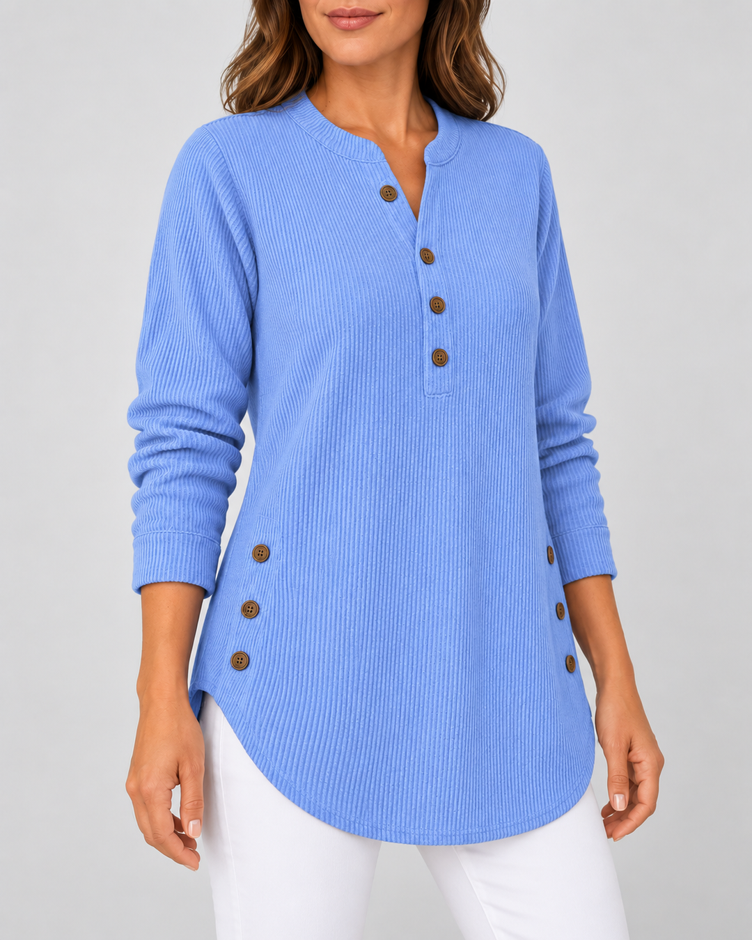Geripptes Tunika-Langarmshirt mit Henley-Ausschnitt und seitlichen Knöpfen