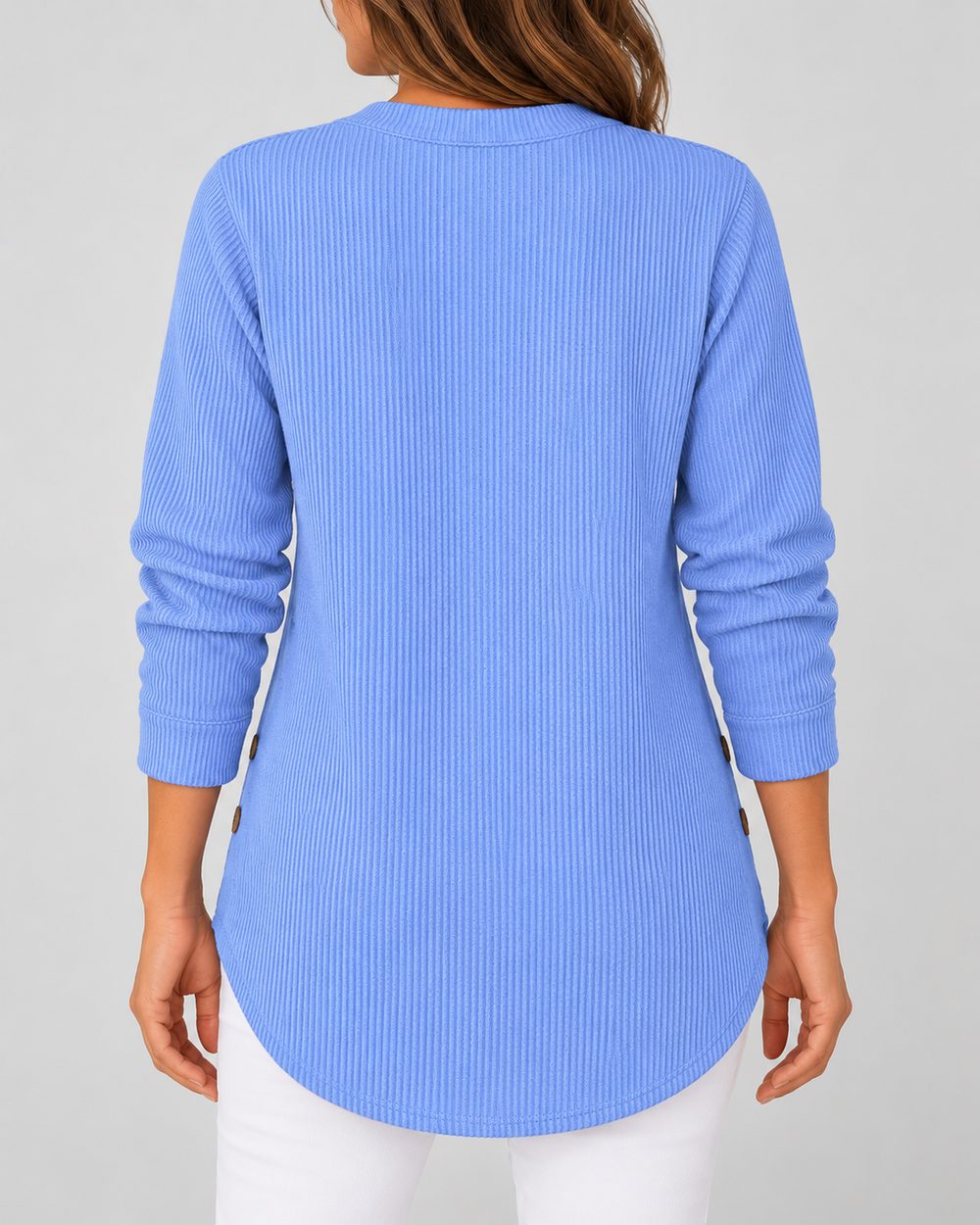 Geripptes Tunika-Langarmshirt mit Henley-Ausschnitt und seitlichen Knöpfen