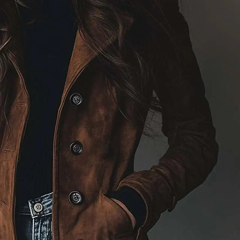 Lange braune Jacke in Wildlederoptik mit Reverskragen und doppelreihiger Knopfleiste