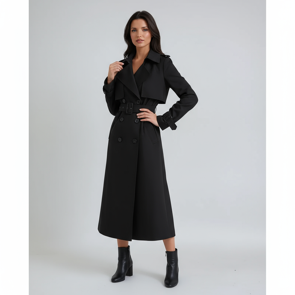 Langer Trenchcoat mit Gürtel, doppelreihiger Knopfleiste und Reverskragen