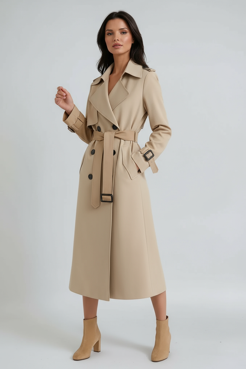 Langer Trenchcoat mit Gürtel, doppelreihiger Knopfleiste und Reverskragen