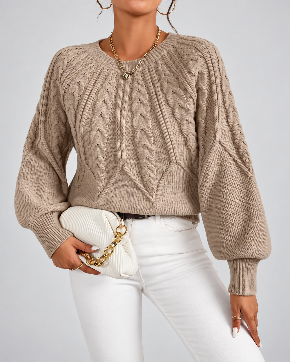 Zopfmuster-Pullover mit Rundhalsausschnitt und Ballonärmeln
