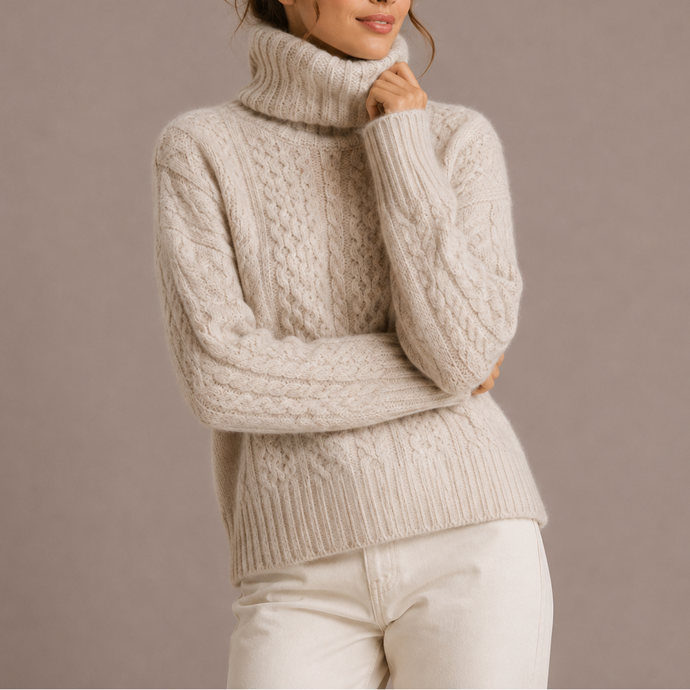 Grobstrick-Rollkragenpullover mit Zopfmuster