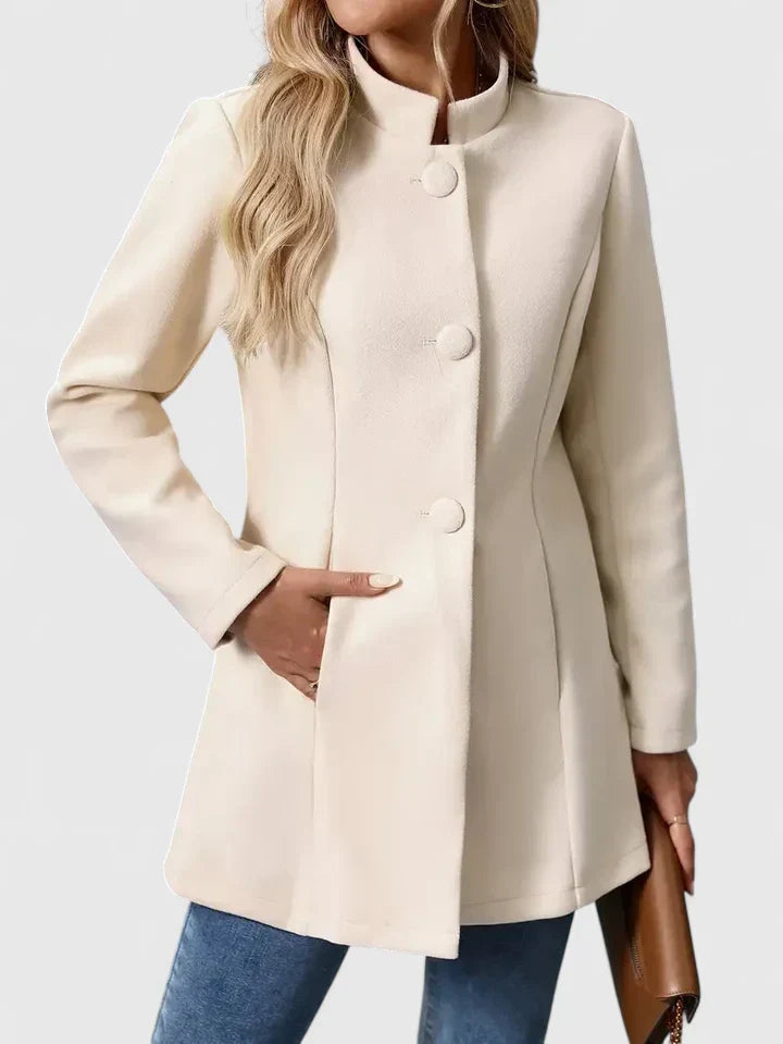 Taillierte lange Jacke mit Stehkragen und Knopfleiste