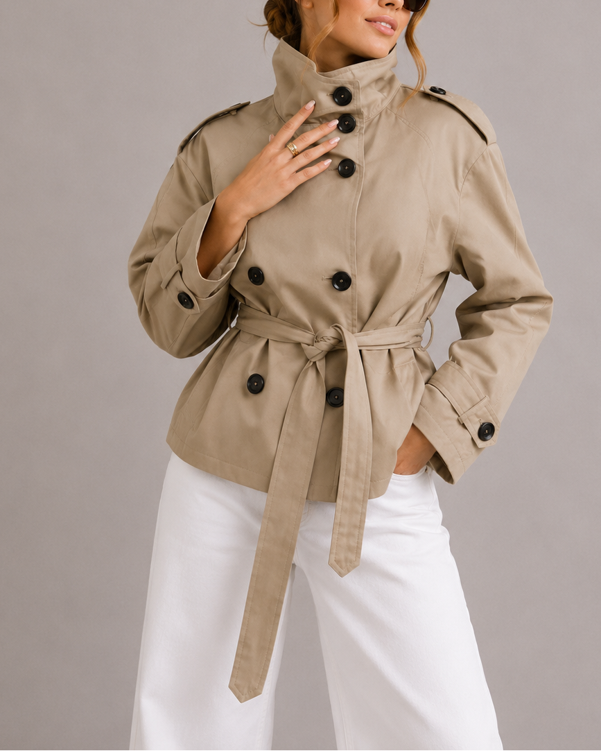 Kurzer Trenchcoat mit Gürtel und Stehkragen