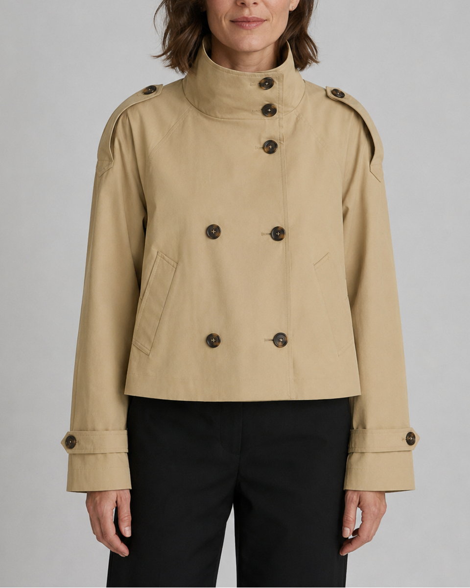 Kurzer zweireihiger Trenchcoat mit Stehkragen