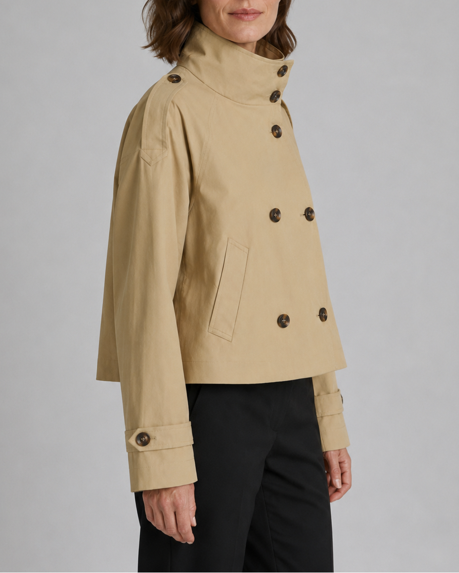Kurzer zweireihiger Trenchcoat mit Stehkragen