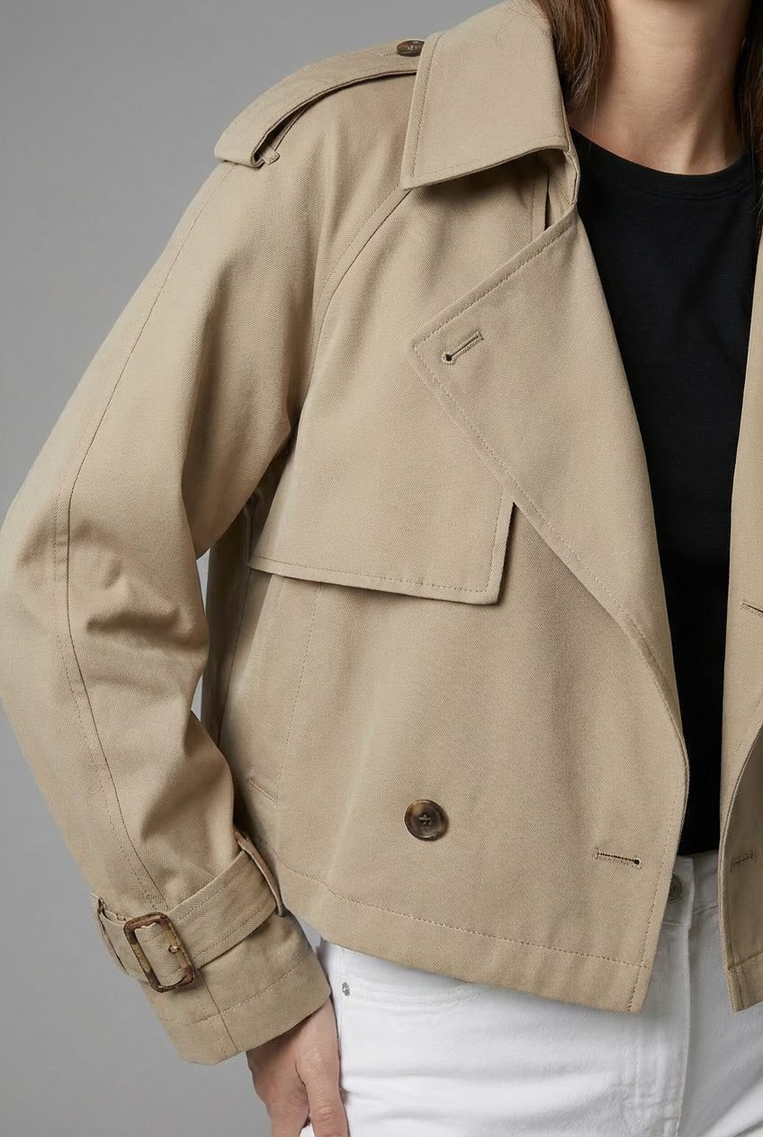 Kurzer zweireihiger Trenchcoat mit Reverskragen und Ärmelriegeln