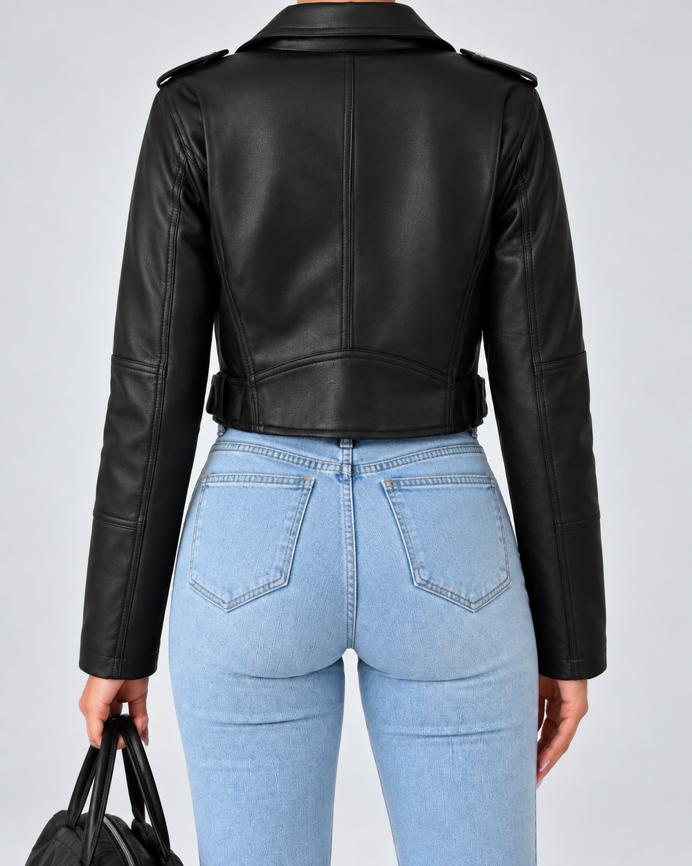Kurze Bikerjacke aus Kunstleder mit asymmetrischem Reißverschluss und Schnallengürtel