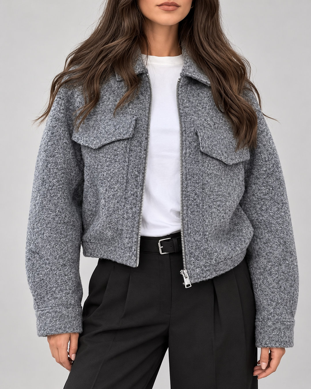 Kurze Jacke aus Wollmischung mit Reißverschluss vorne und Kragen