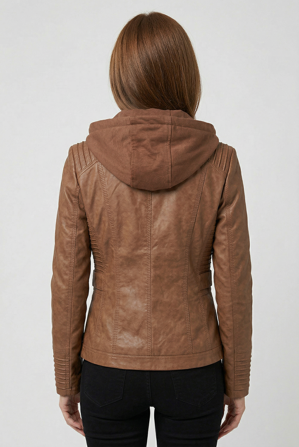 Kunstlederjacke mit Kapuze, Reißverschluss und Taschen