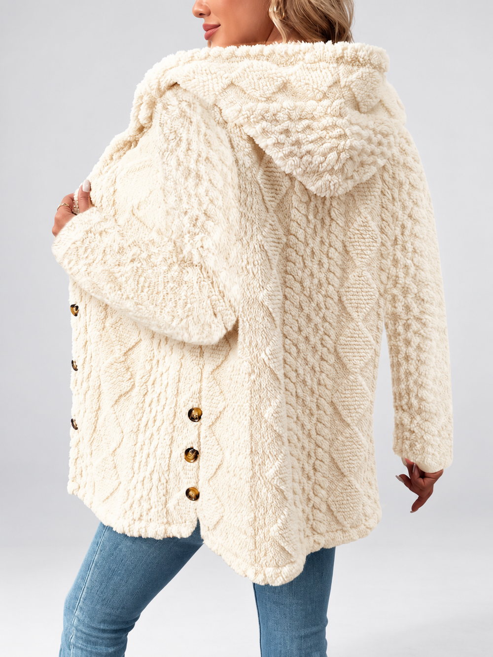 Teddyfleece-Mantel mit Kapuze, Zopfstrick-Struktur und Knopfleiste