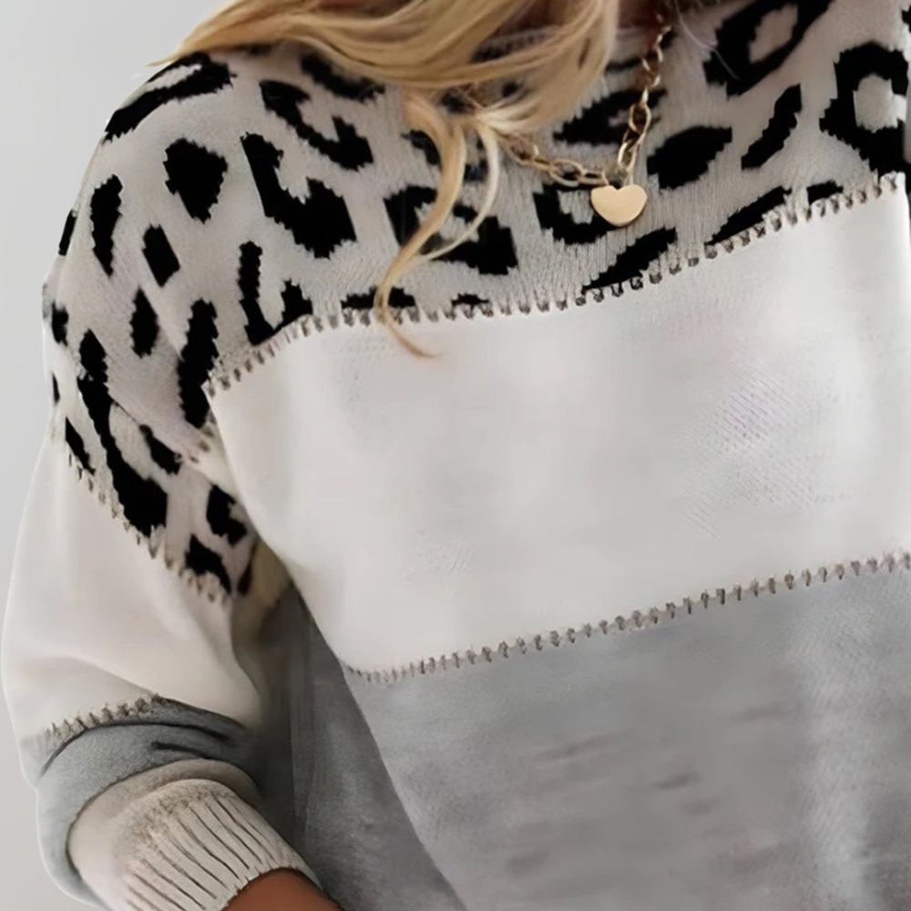 Strickpullover mit Leopardenmuster im Blockfarben-Design und Rundhalsausschnitt