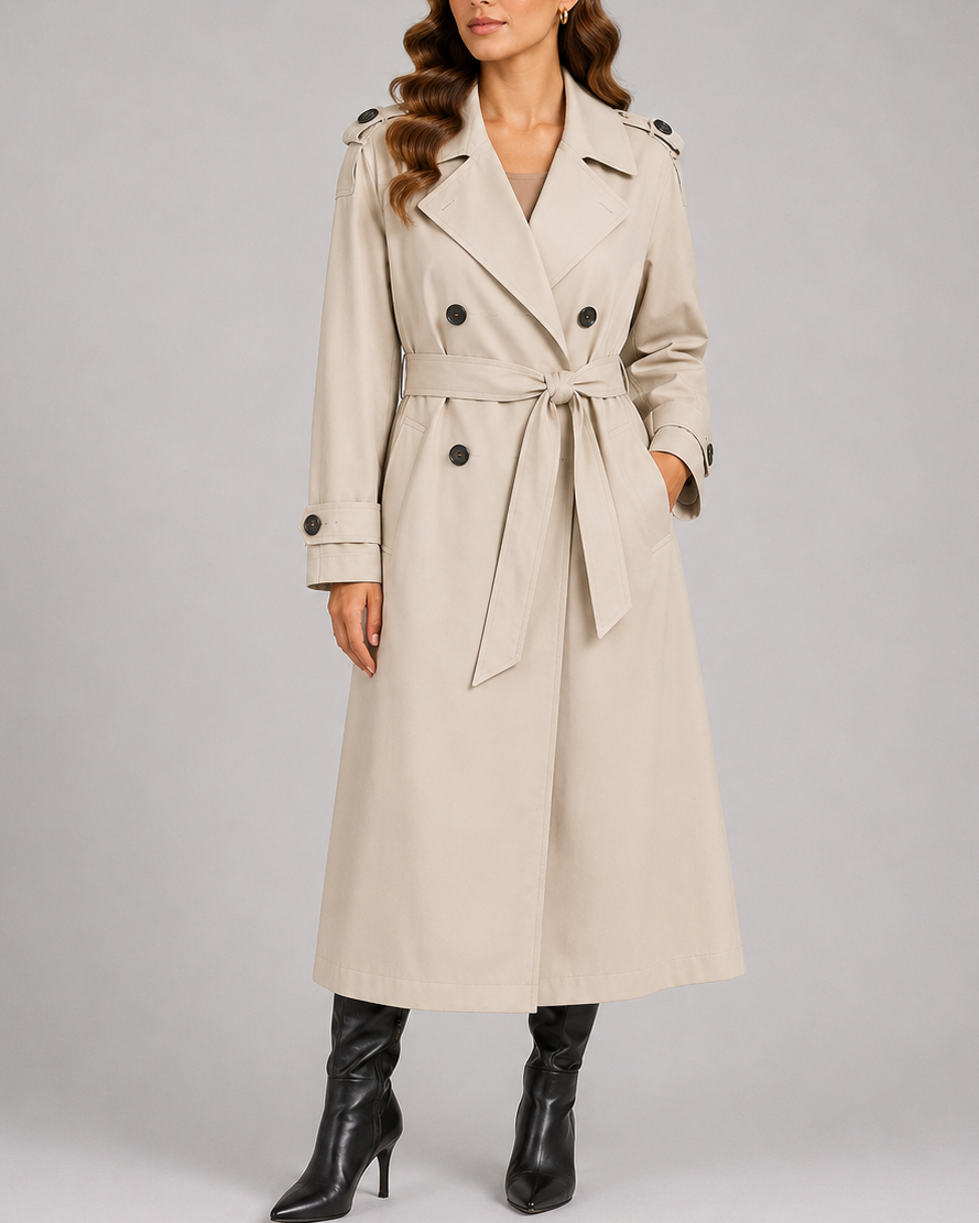 Langer Trenchcoat mit Gürtel, zweireihiger Knopfleiste und Taschen