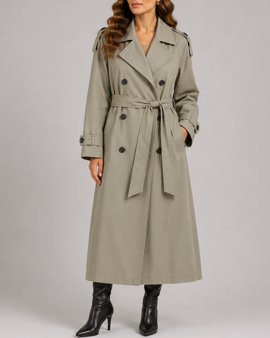 Langer Trenchcoat mit Gürtel, zweireihiger Knopfleiste und Taschen