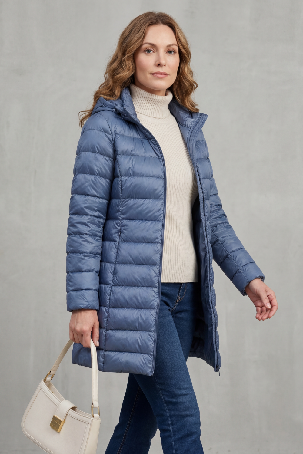 Lange Steppjacke mit Kapuze und Reißverschluss