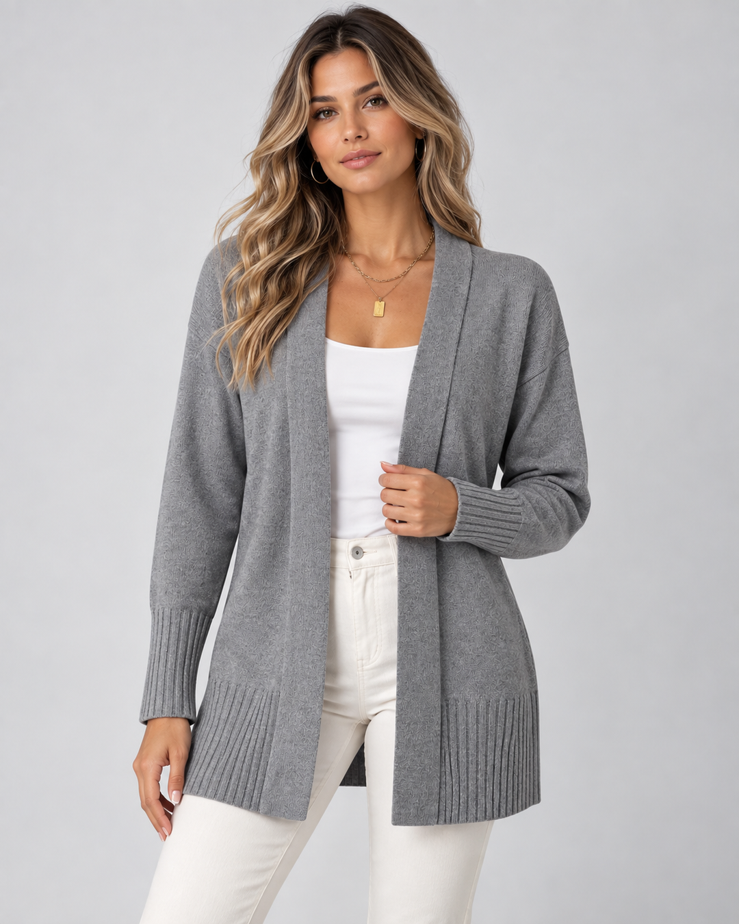 Lange Strickjacke mit offener Front und Rippbündchen