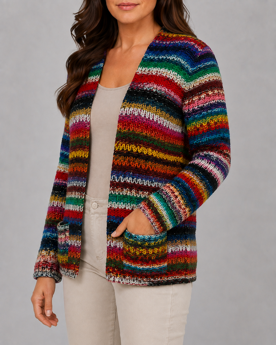 Mehrfarbige offene Langarm-Strickjacke