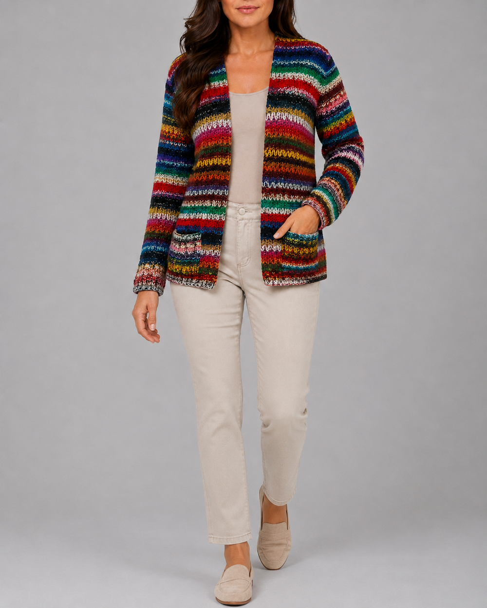 Mehrfarbige offene Langarm-Strickjacke