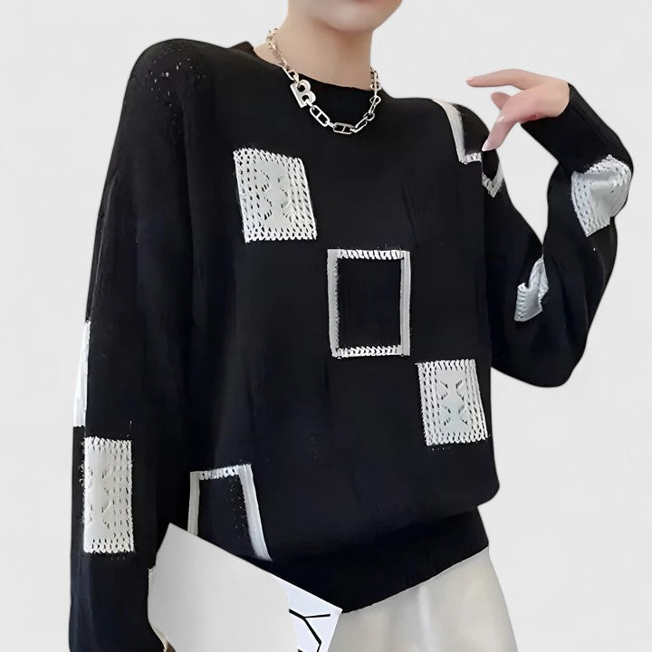 Strickpullover im Patchwork-Design mit Lochmuster und Rundhalsausschnitt