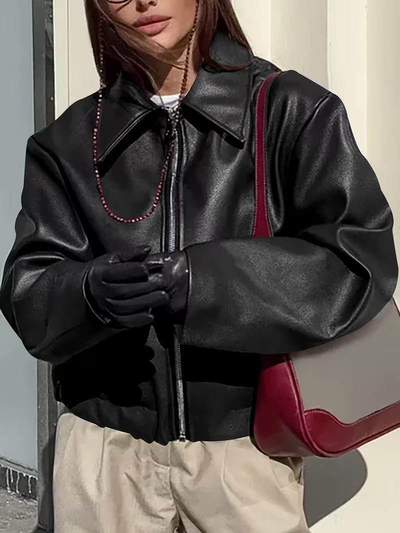 Oversize-Jacke in Lederoptik mit breitem Kragen und Reißverschluss