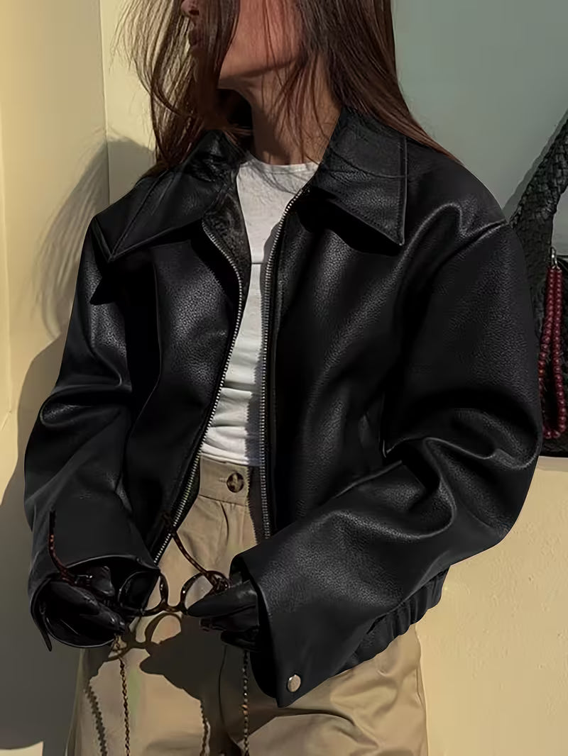Oversize-Jacke in Lederoptik mit breitem Kragen und Reißverschluss