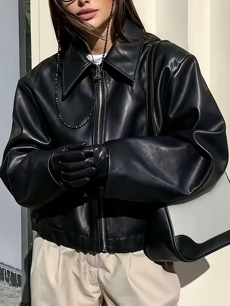 Oversize-Jacke aus Kunstleder mit Reißverschluss vorne und überschnittenen Schultern