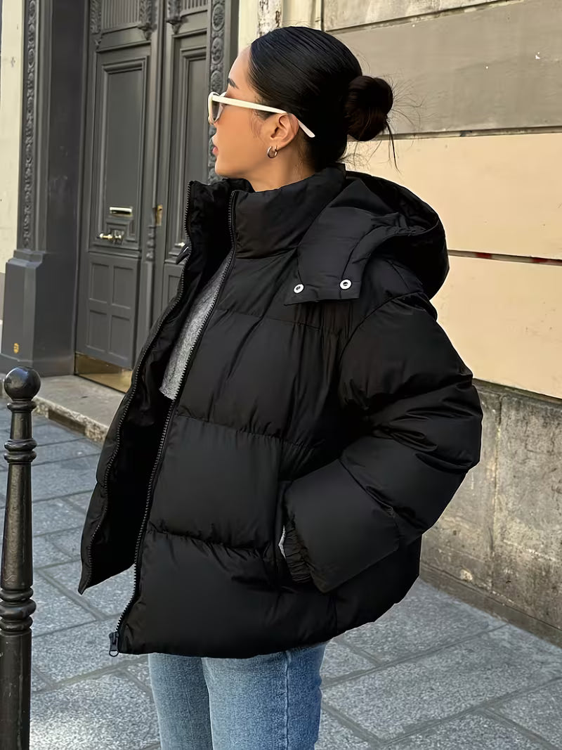 Oversize-Steppjacke mit abnehmbarer Kapuze und Reißverschluss vorne