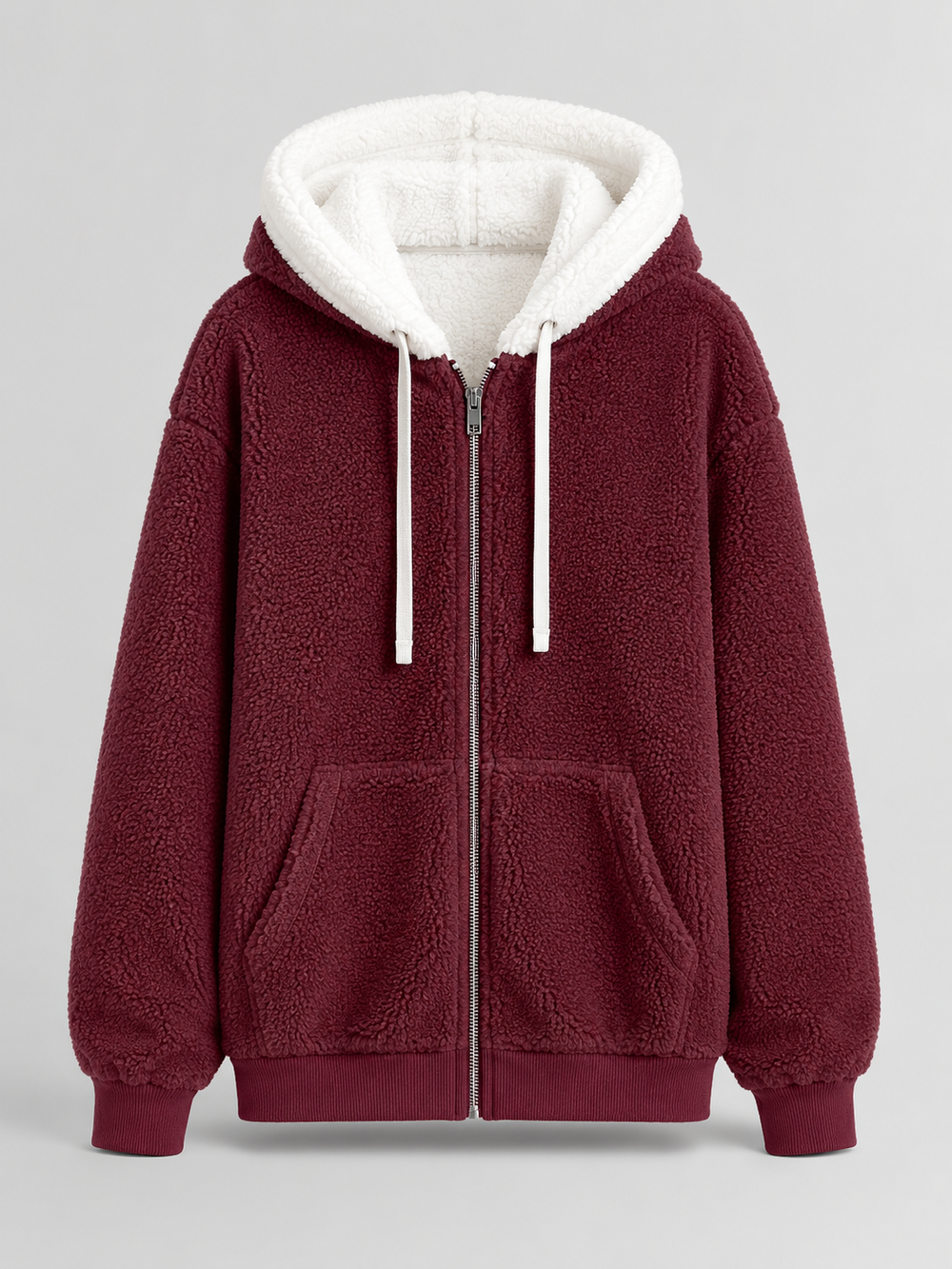 Teddyfleece-Jacke mit Kapuze und Reißverschluss vorne