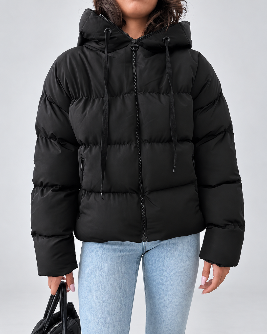 Oversize-Steppjacke, wattiert, mit Kapuze und Reißverschluss vorne